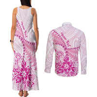 Personalised New Zealand Pink Fern Breast Cancer Couples Matching Tank Maxi Dress and Long Sleeve Button Shirt Polynesian Pattern LT01 - Polynesian Pride