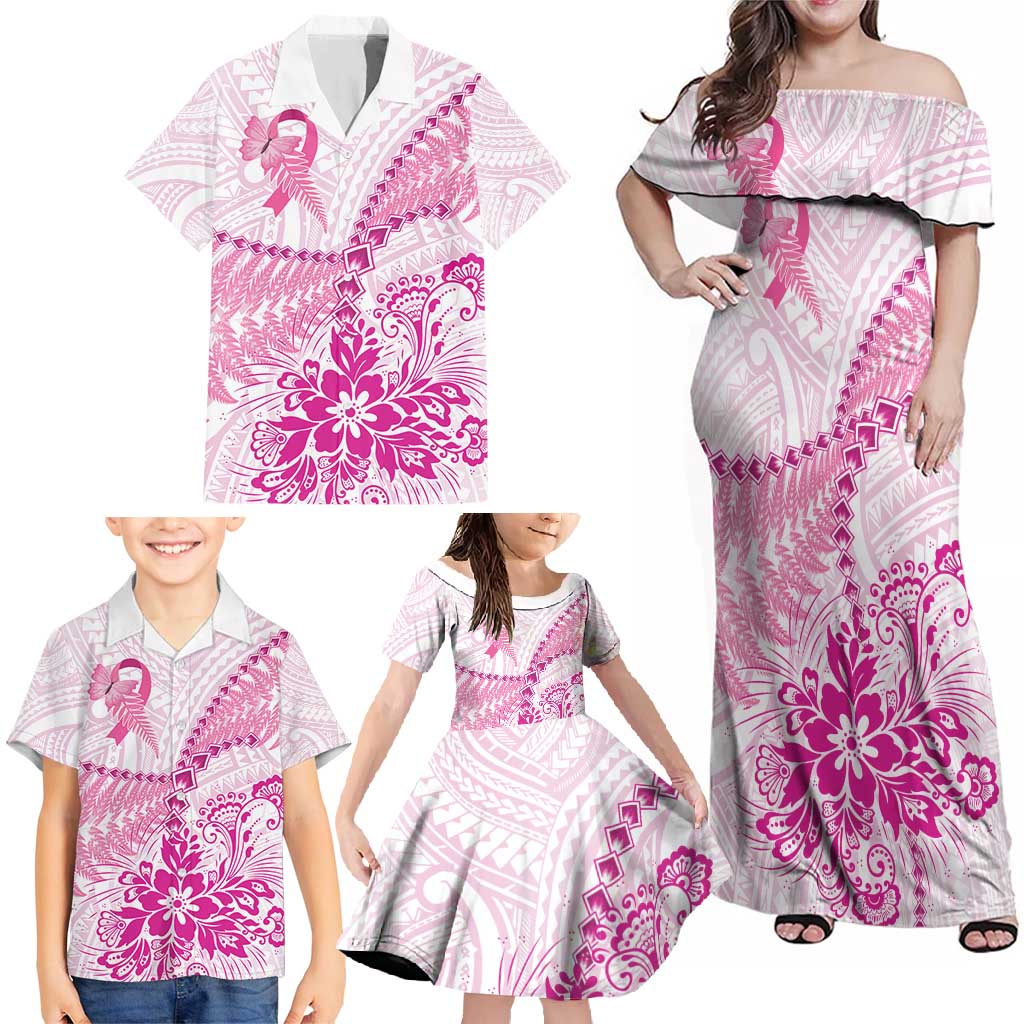 Personalised New Zealand Pink Fern Breast Cancer Family Matching Off Shoulder Maxi Dress and Hawaiian Shirt Polynesian Pattern LT01 - Polynesian Pride