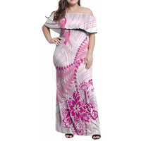 Personalised New Zealand Pink Fern Breast Cancer Family Matching Off Shoulder Maxi Dress and Hawaiian Shirt Polynesian Pattern LT01 Mom's Dress Pink - Polynesian Pride