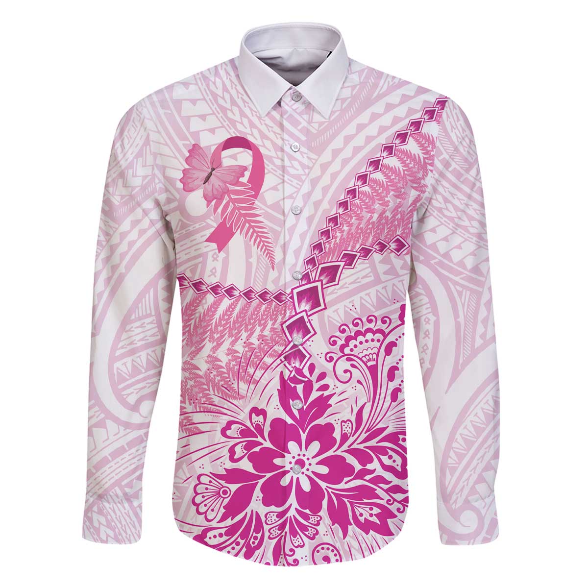 Personalised New Zealand Pink Fern Breast Cancer Family Matching Off Shoulder Short Dress and Hawaiian Shirt Polynesian Pattern