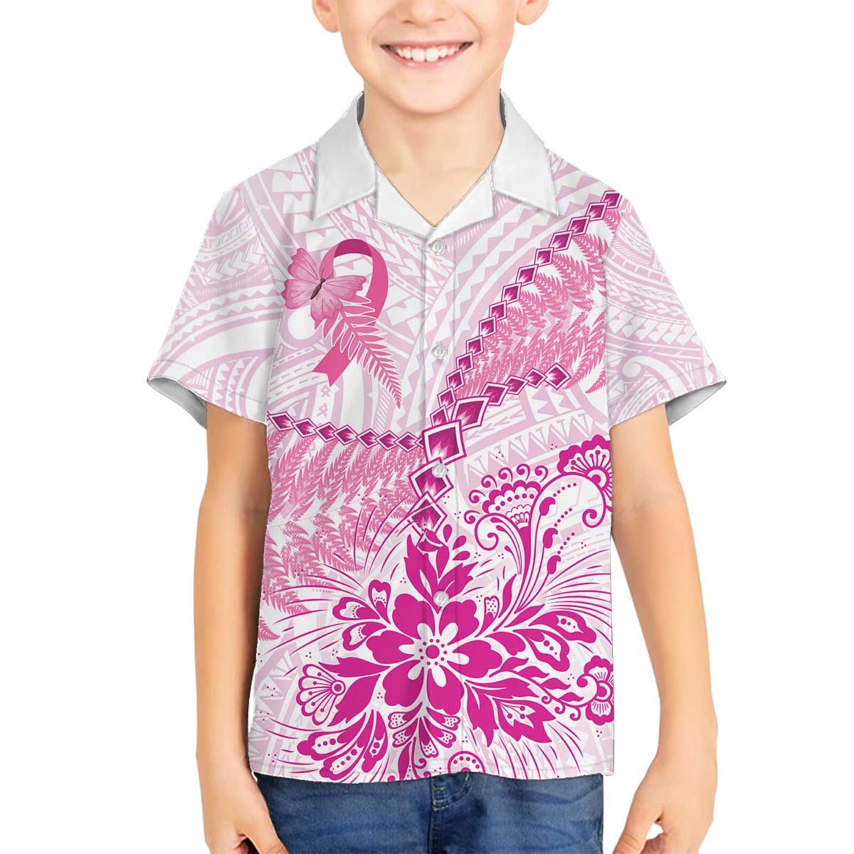 Personalised New Zealand Pink Fern Breast Cancer Family Matching Puletasi and Hawaiian Shirt Polynesian Pattern LT01 Son's Shirt Pink - Polynesian Pride