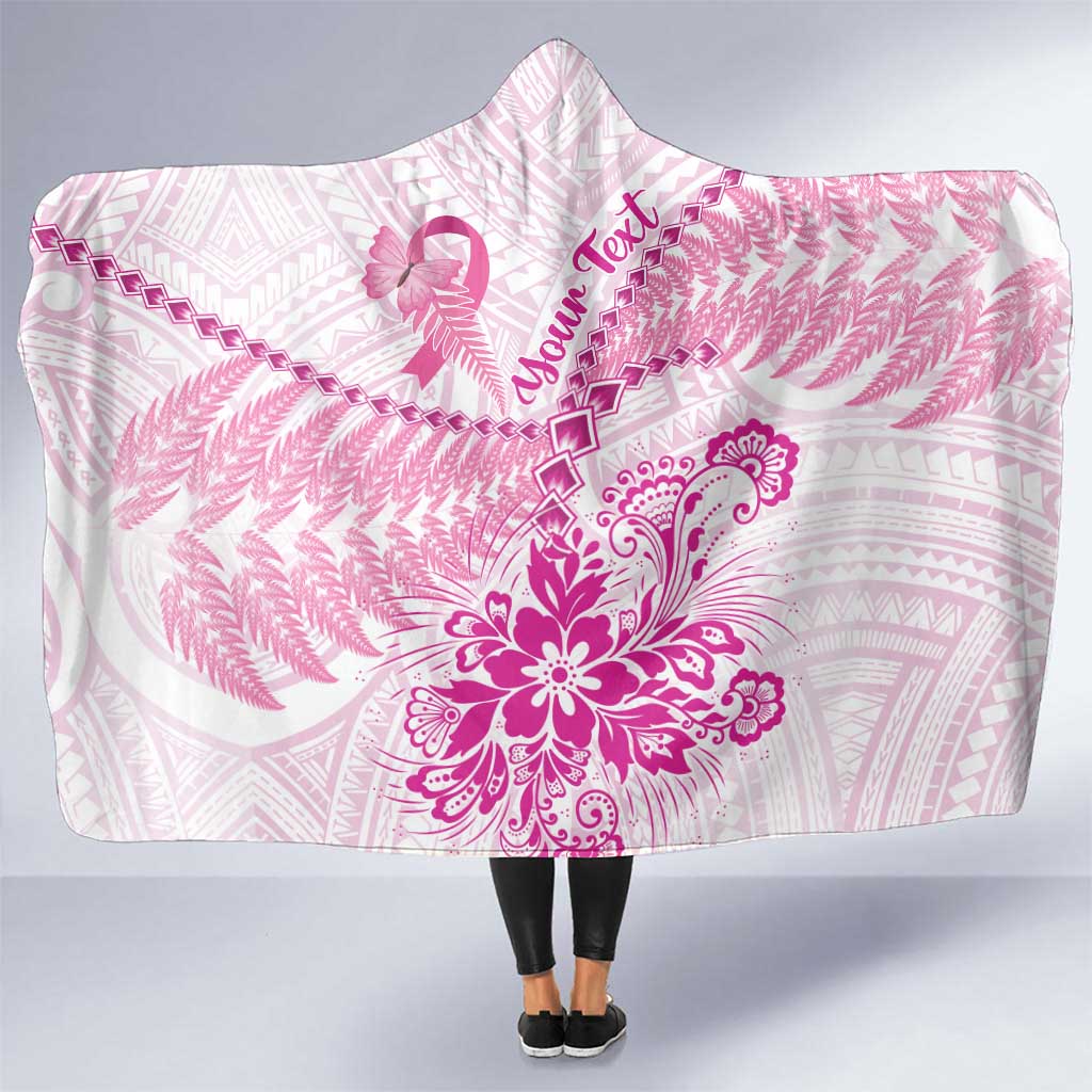 Personalised New Zealand Pink Fern Breast Cancer Hooded Blanket Polynesian Pattern