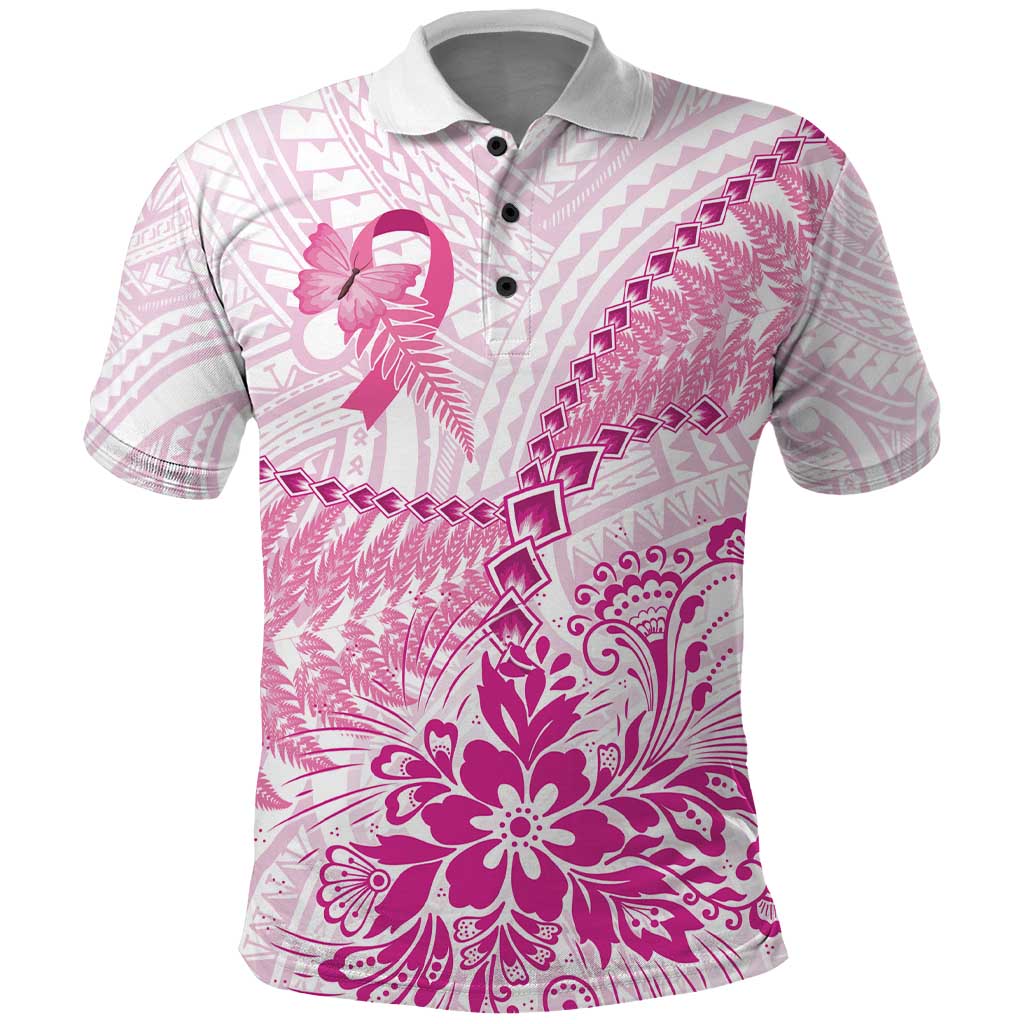 Personalised New Zealand Pink Fern Breast Cancer Polo Shirt Polynesian Pattern