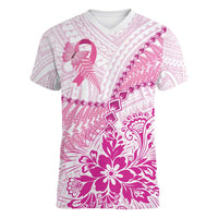 Personalised New Zealand Pink Fern Breast Cancer Women V-Neck T-Shirt Polynesian Pattern LT01 Female Pink - Polynesian Pride