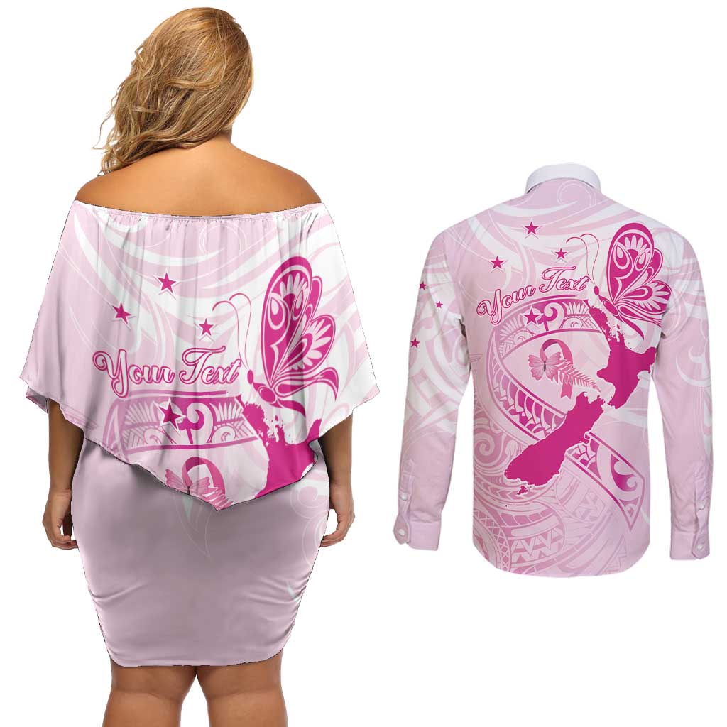 Personalised Aotearoa Breast Cancer Couples Matching Off Shoulder Short Dress and Long Sleeve Button Shirt New Zealand Maori Pattern