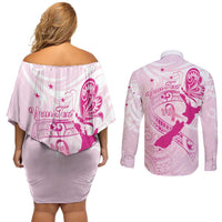 Personalised Aotearoa Breast Cancer Couples Matching Off Shoulder Short Dress and Long Sleeve Button Shirt New Zealand Maori Pattern