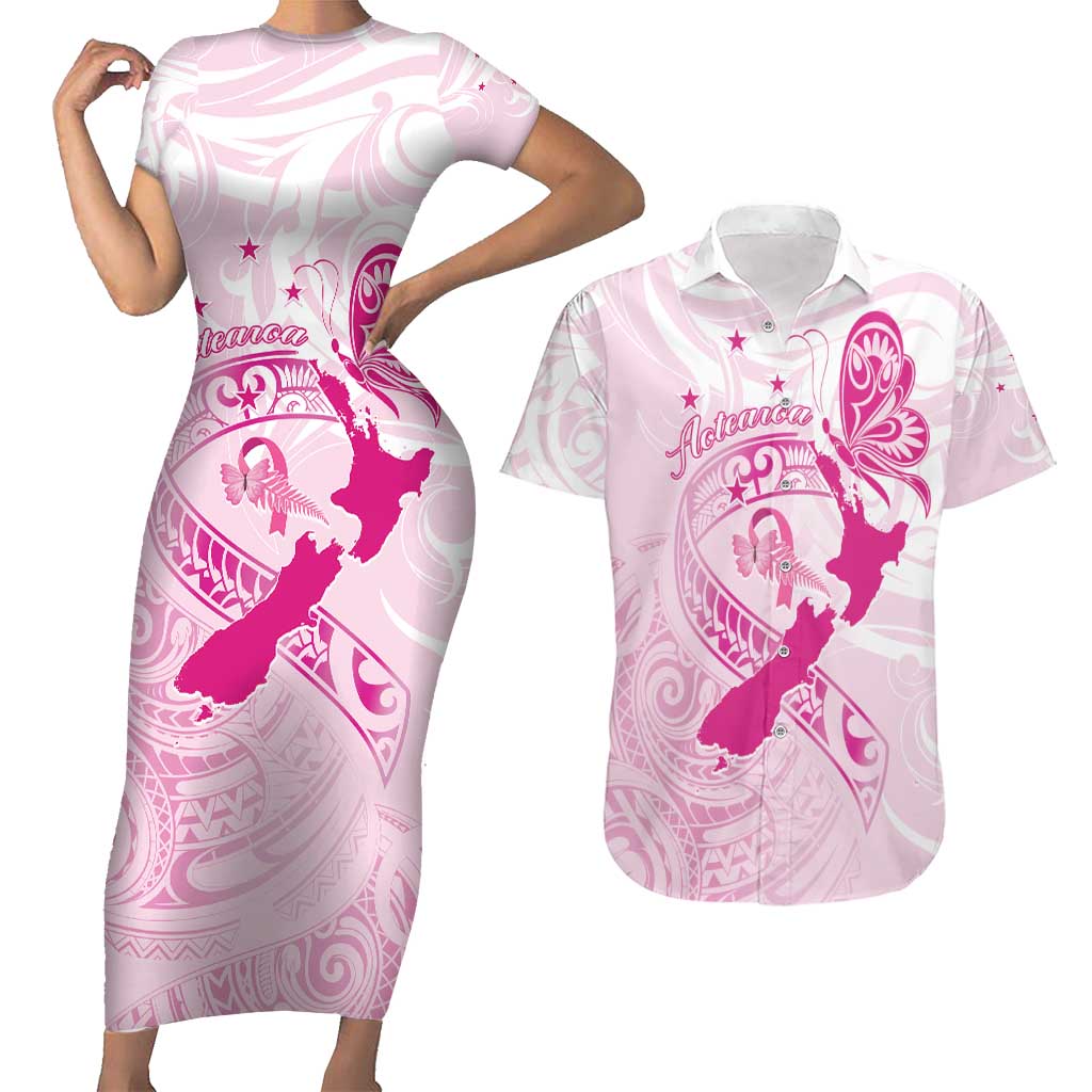 Personalised Aotearoa Breast Cancer Couples Matching Short Sleeve Bodycon Dress and Hawaiian Shirt New Zealand Maori Pattern