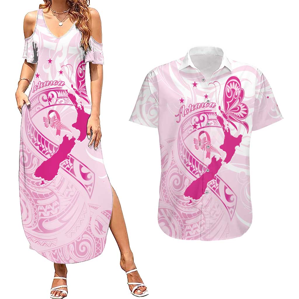Personalised Aotearoa Breast Cancer Couples Matching Summer Maxi Dress and Hawaiian Shirt New Zealand Maori Pattern LT01 Pink - Polynesian Pride