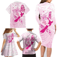Personalised Aotearoa Breast Cancer Family Matching Long Sleeve Bodycon Dress and Hawaiian Shirt New Zealand Maori Pattern LT01 - Polynesian Pride