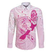 Personalised Aotearoa Breast Cancer Family Matching Mermaid Dress and Hawaiian Shirt New Zealand Maori Pattern LT01 Dad's Shirt - Long Sleeve Pink - Polynesian Pride