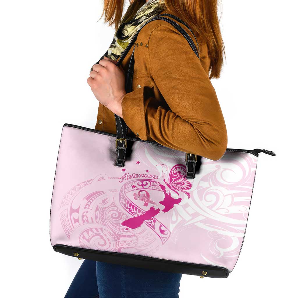 Personalised Aotearoa Breast Cancer Leather Tote Bag New Zealand Maori Pattern