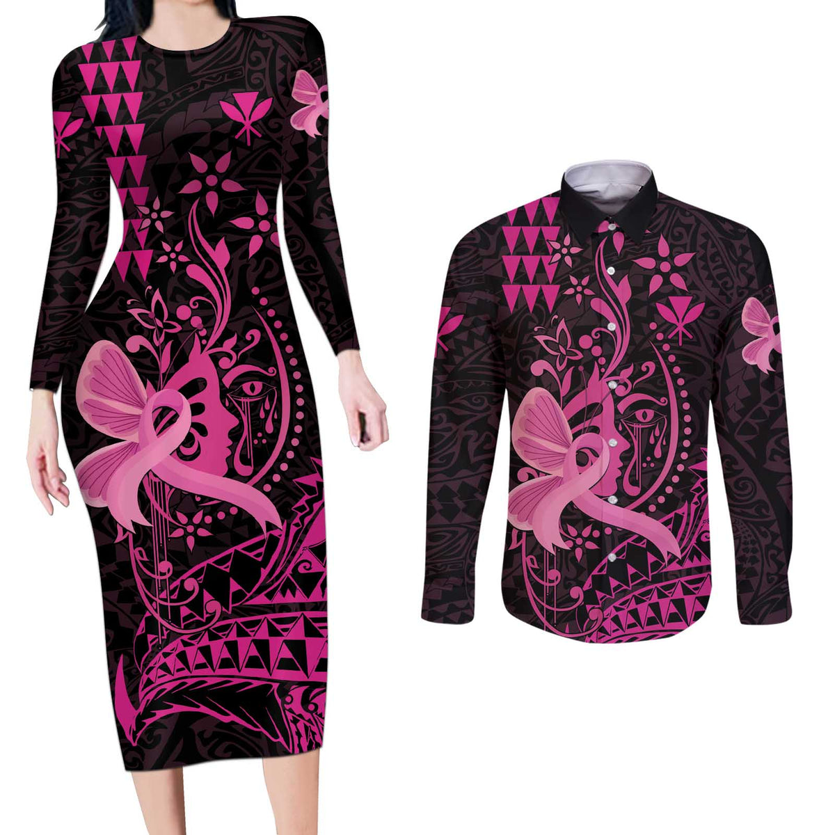 Hawaii Breast Cancer Couples Matching Long Sleeve Bodycon Dress and Long Sleeve Button Shirt Girl Floral Kakau Pattern LT01 Pink - Polynesian Pride