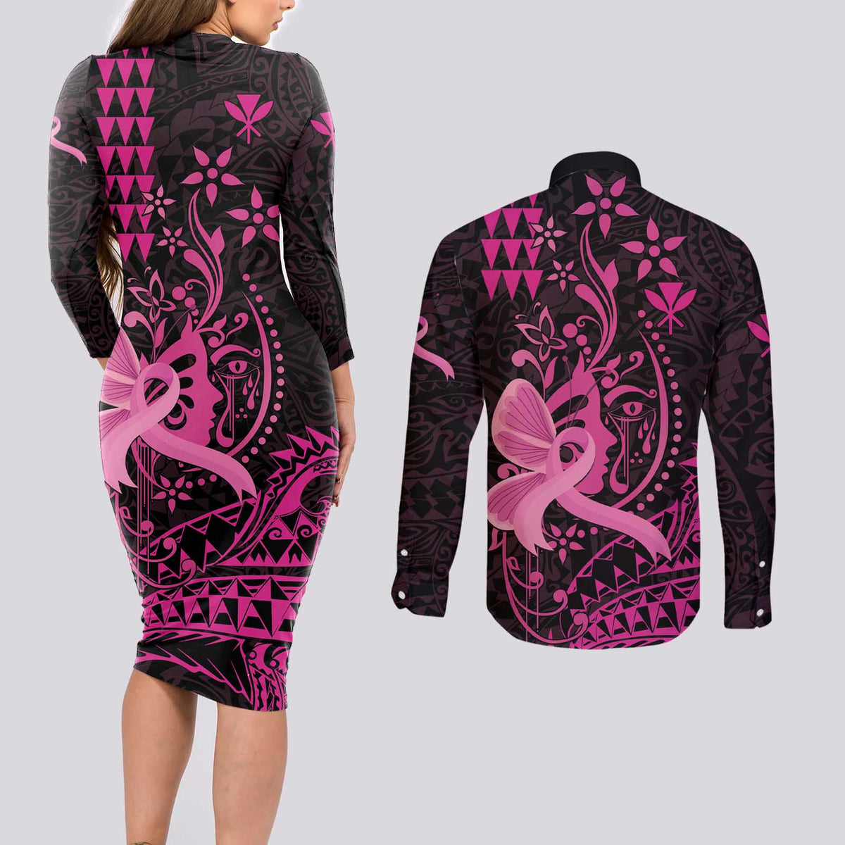 Hawaii Breast Cancer Couples Matching Long Sleeve Bodycon Dress and Long Sleeve Button Shirt Girl Floral Kakau Pattern LT01 - Polynesian Pride