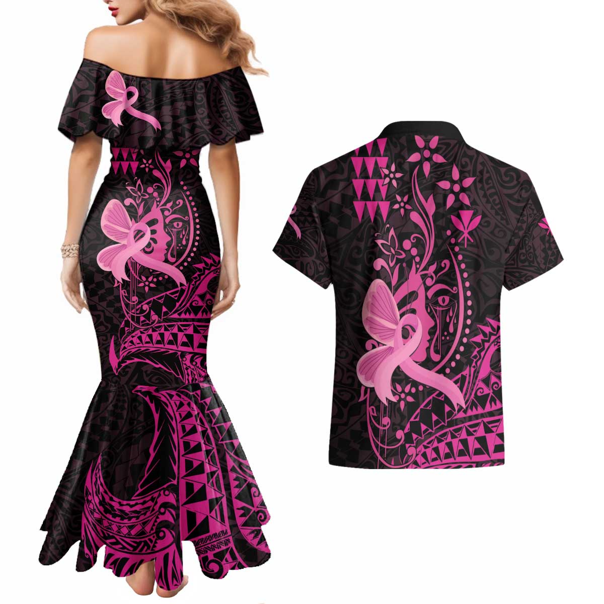 Hawaii Breast Cancer Couples Matching Mermaid Dress and Hawaiian Shirt Girl Floral Kakau Pattern LT01 - Polynesian Pride