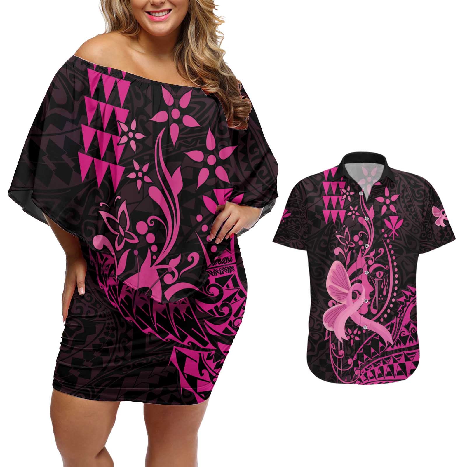 Hawaii Breast Cancer Couples Matching Off Shoulder Short Dress and Hawaiian Shirt Girl Floral Kakau Pattern