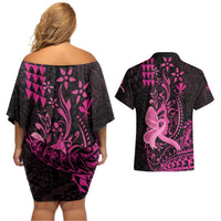 Hawaii Breast Cancer Couples Matching Off Shoulder Short Dress and Hawaiian Shirt Girl Floral Kakau Pattern