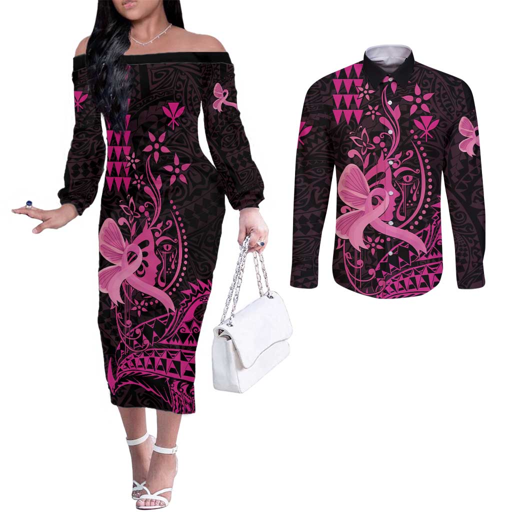 Hawaii Breast Cancer Couples Matching Off The Shoulder Long Sleeve Dress and Long Sleeve Button Shirt Girl Floral Kakau Pattern LT01 Pink - Polynesian Pride