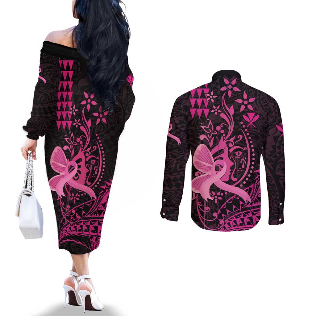 Hawaii Breast Cancer Couples Matching Off The Shoulder Long Sleeve Dress and Long Sleeve Button Shirt Girl Floral Kakau Pattern LT01 - Polynesian Pride