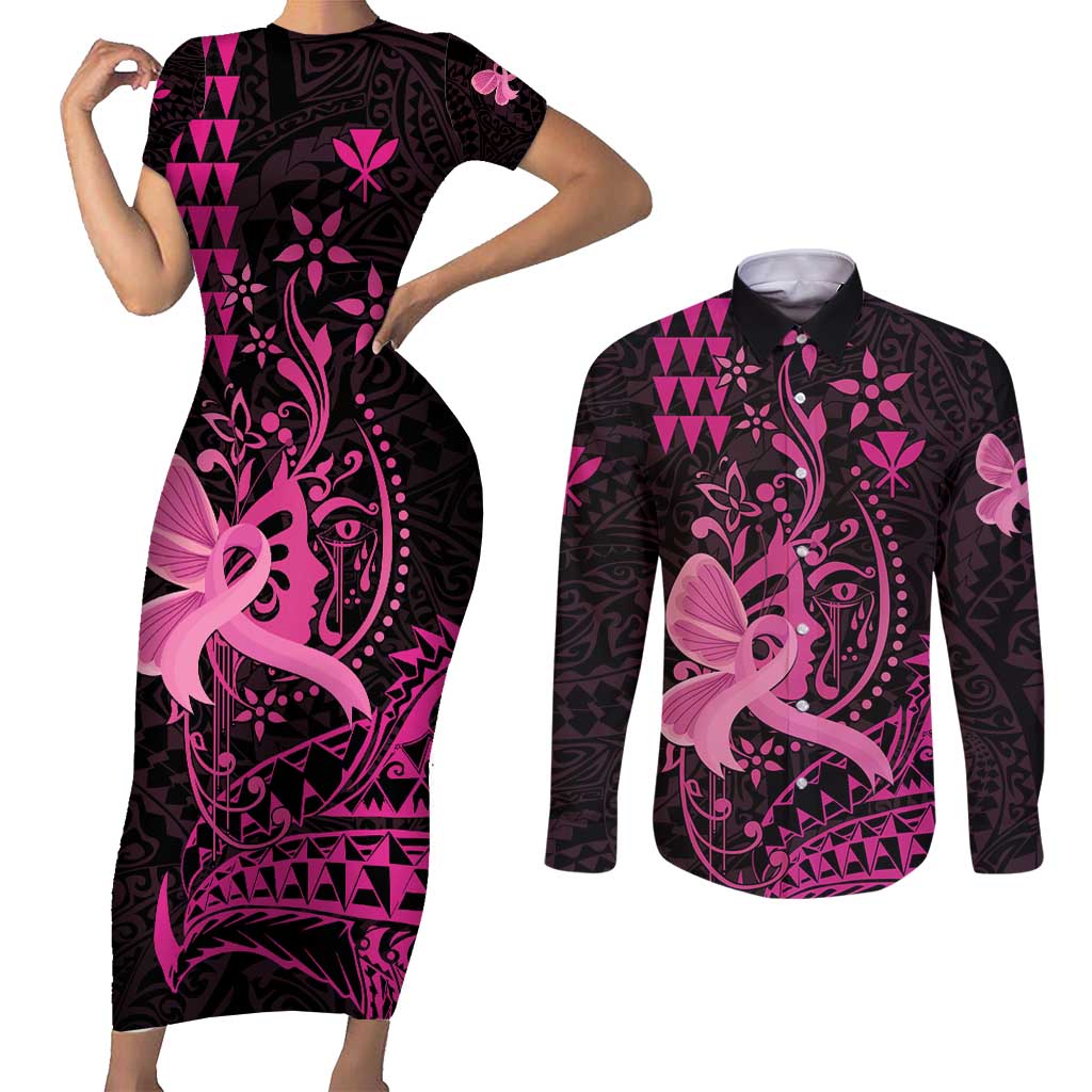 Hawaii Breast Cancer Couples Matching Short Sleeve Bodycon Dress and Long Sleeve Button Shirt Girl Floral Kakau Pattern LT01 Pink - Polynesian Pride