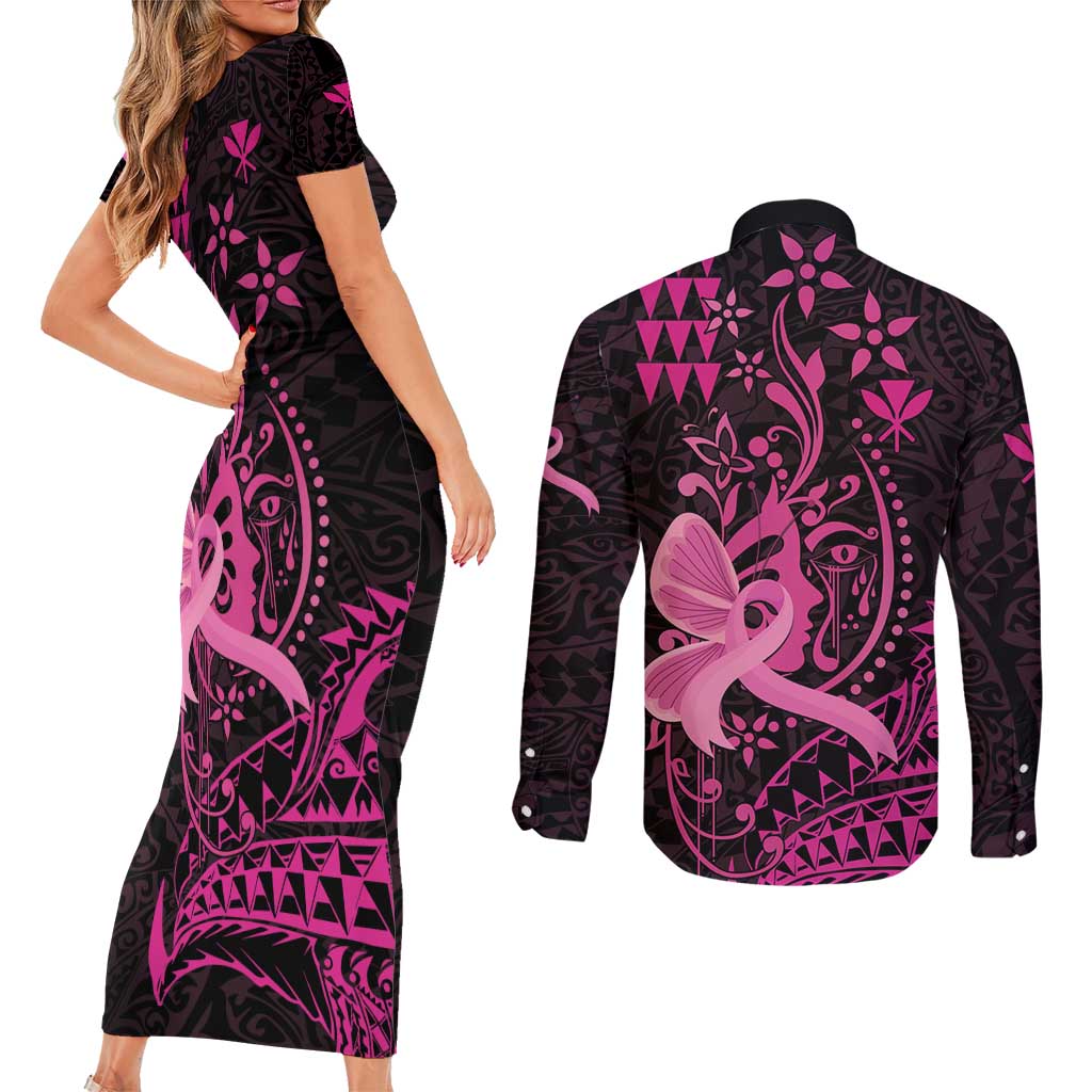 Hawaii Breast Cancer Couples Matching Short Sleeve Bodycon Dress and Long Sleeve Button Shirt Girl Floral Kakau Pattern LT01 - Polynesian Pride