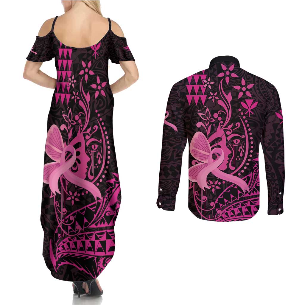 Hawaii Breast Cancer Couples Matching Summer Maxi Dress and Long Sleeve Button Shirt Girl Floral Kakau Pattern