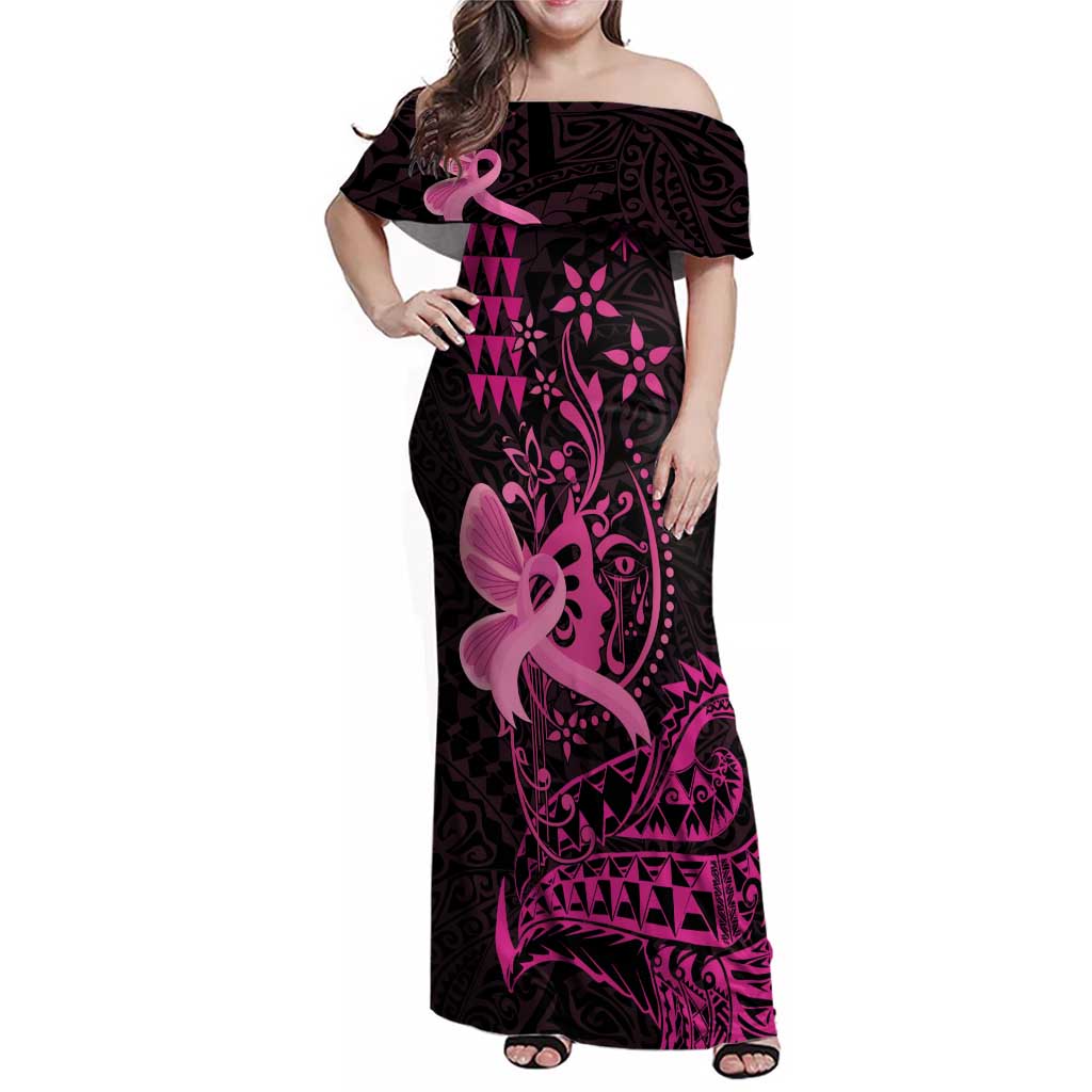 Hawaii Breast Cancer Family Matching Off Shoulder Maxi Dress and Hawaiian Shirt Girl Floral Kakau Pattern LT01 Mom's Dress Pink - Polynesian Pride