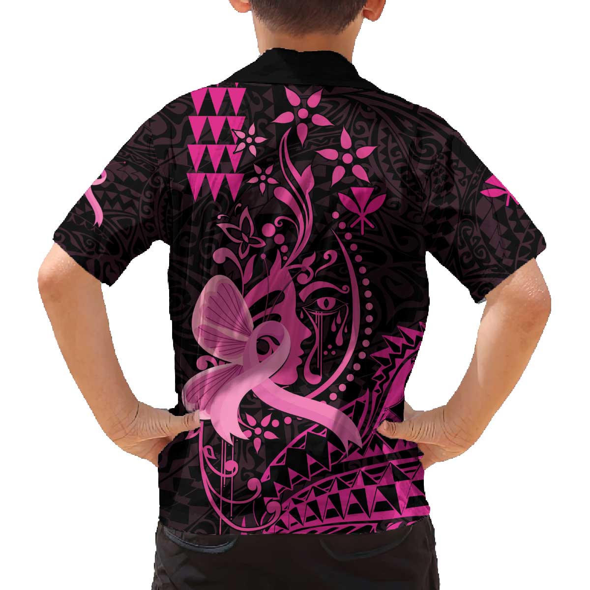 Hawaii Breast Cancer Family Matching Off Shoulder Short Dress and Hawaiian Shirt Girl Floral Kakau Pattern LT01 - Polynesian Pride