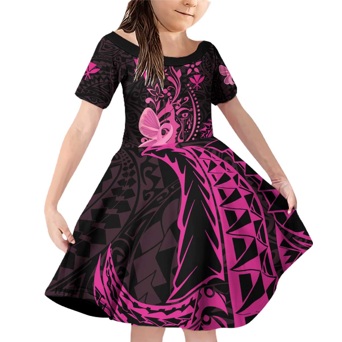 Hawaii Breast Cancer Family Matching Off Shoulder Short Dress and Hawaiian Shirt Girl Floral Kakau Pattern LT01 Daughter's Dress Pink - Polynesian Pride