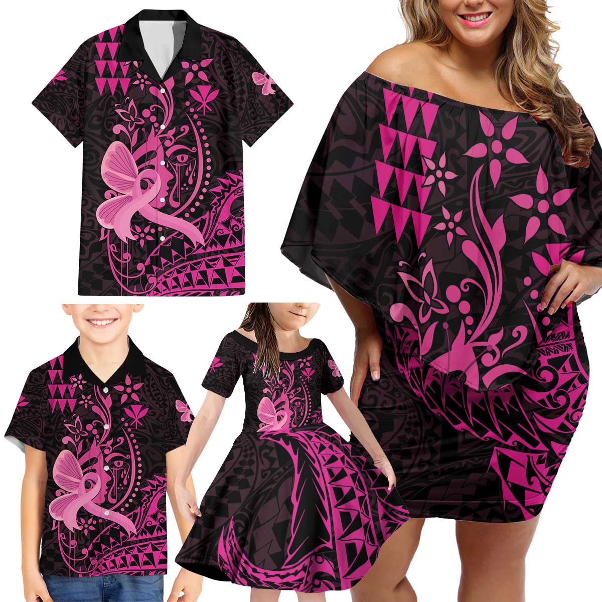 Hawaii Breast Cancer Family Matching Off Shoulder Short Dress and Hawaiian Shirt Girl Floral Kakau Pattern LT01 - Polynesian Pride