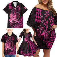 Hawaii Breast Cancer Family Matching Off Shoulder Short Dress and Hawaiian Shirt Girl Floral Kakau Pattern LT01 - Polynesian Pride