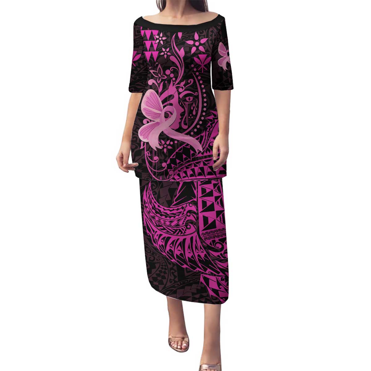 Hawaii Breast Cancer Family Matching Puletasi and Hawaiian Shirt Girl Floral Kakau Pattern LT01 Mom's Dress Pink - Polynesian Pride