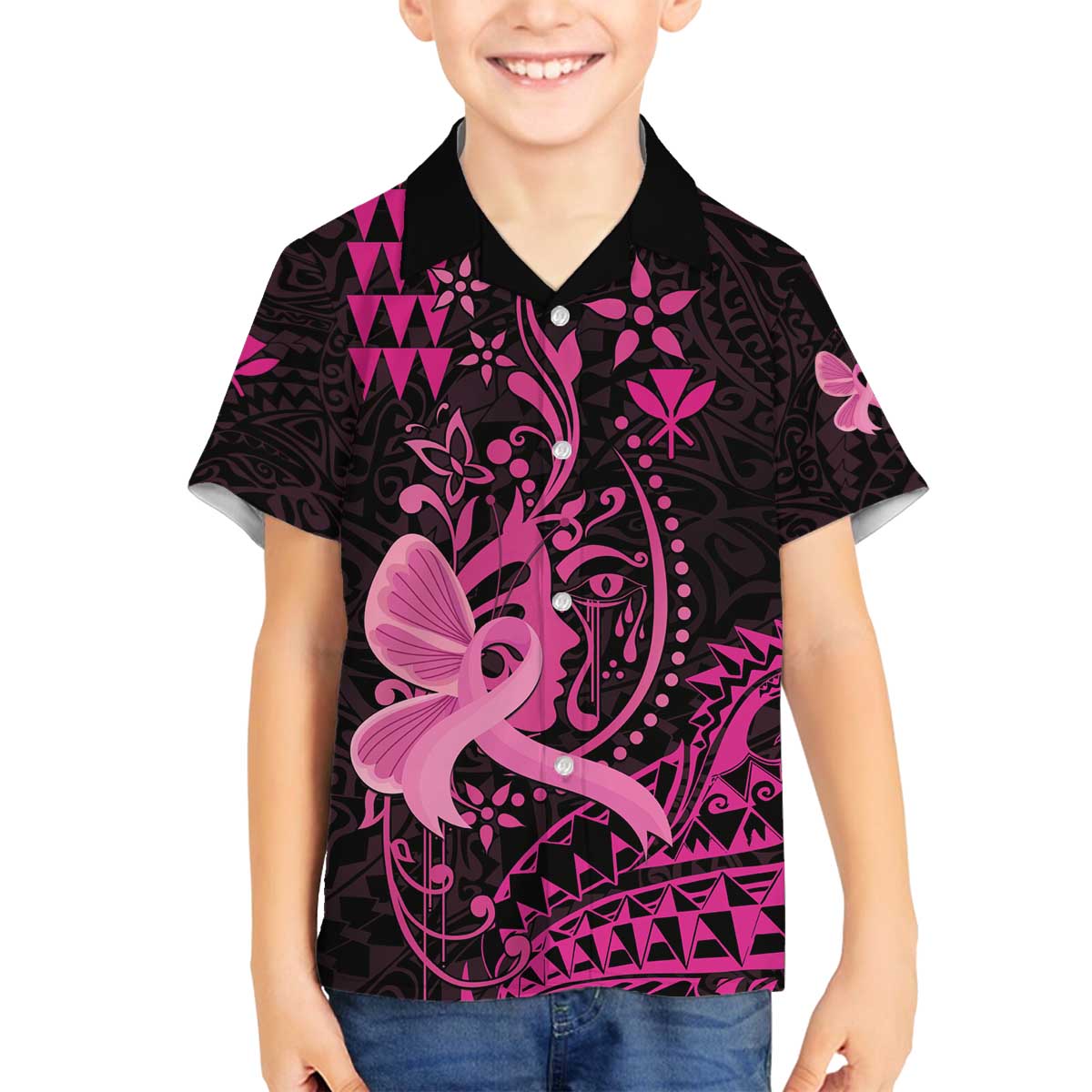 Hawaii Breast Cancer Family Matching Puletasi and Hawaiian Shirt Girl Floral Kakau Pattern LT01 Son's Shirt Pink - Polynesian Pride