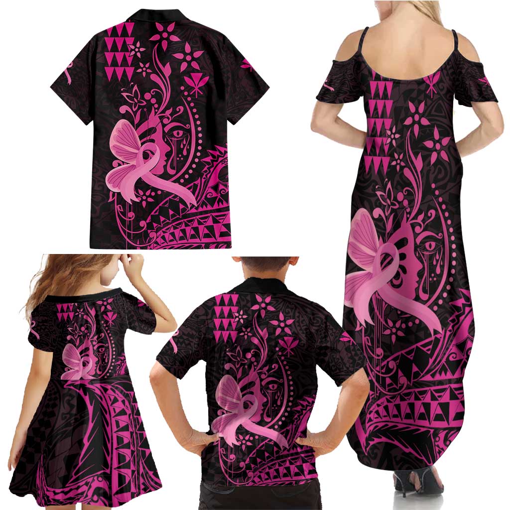 Hawaii Breast Cancer Family Matching Summer Maxi Dress and Hawaiian Shirt Girl Floral Kakau Pattern LT01 - Polynesian Pride