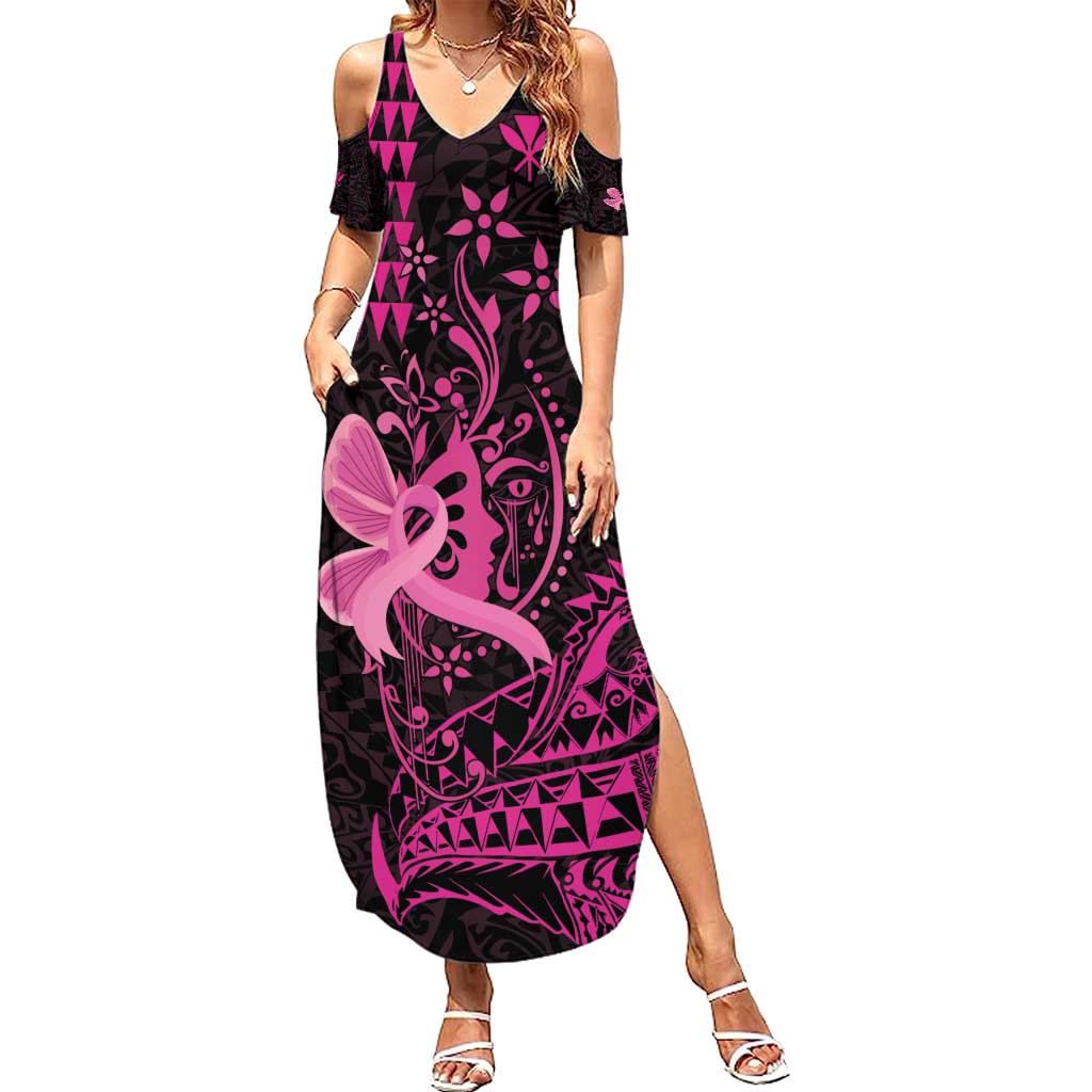Hawaii Breast Cancer Family Matching Summer Maxi Dress and Hawaiian Shirt Girl Floral Kakau Pattern LT01 Mom's Dress Pink - Polynesian Pride