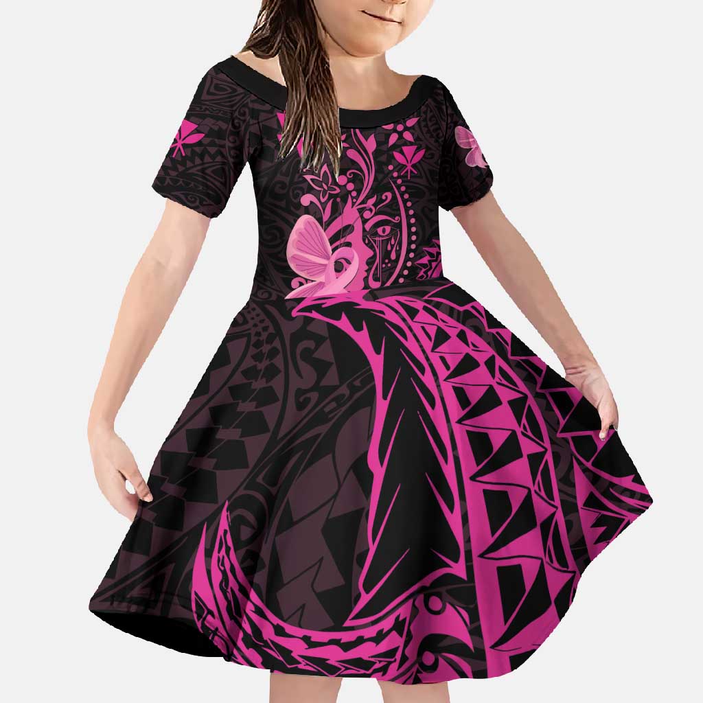 Hawaii Breast Cancer Family Matching Tank Maxi Dress and Hawaiian Shirt Girl Floral Kakau Pattern LT01 Daughter's Dress Pink - Polynesian Pride