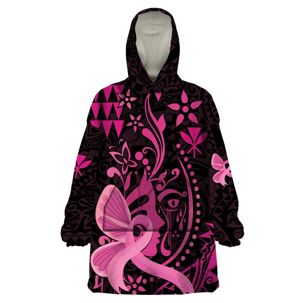 Hawaii Breast Cancer Wearable Blanket Hoodie Girl Floral Kakau Pattern