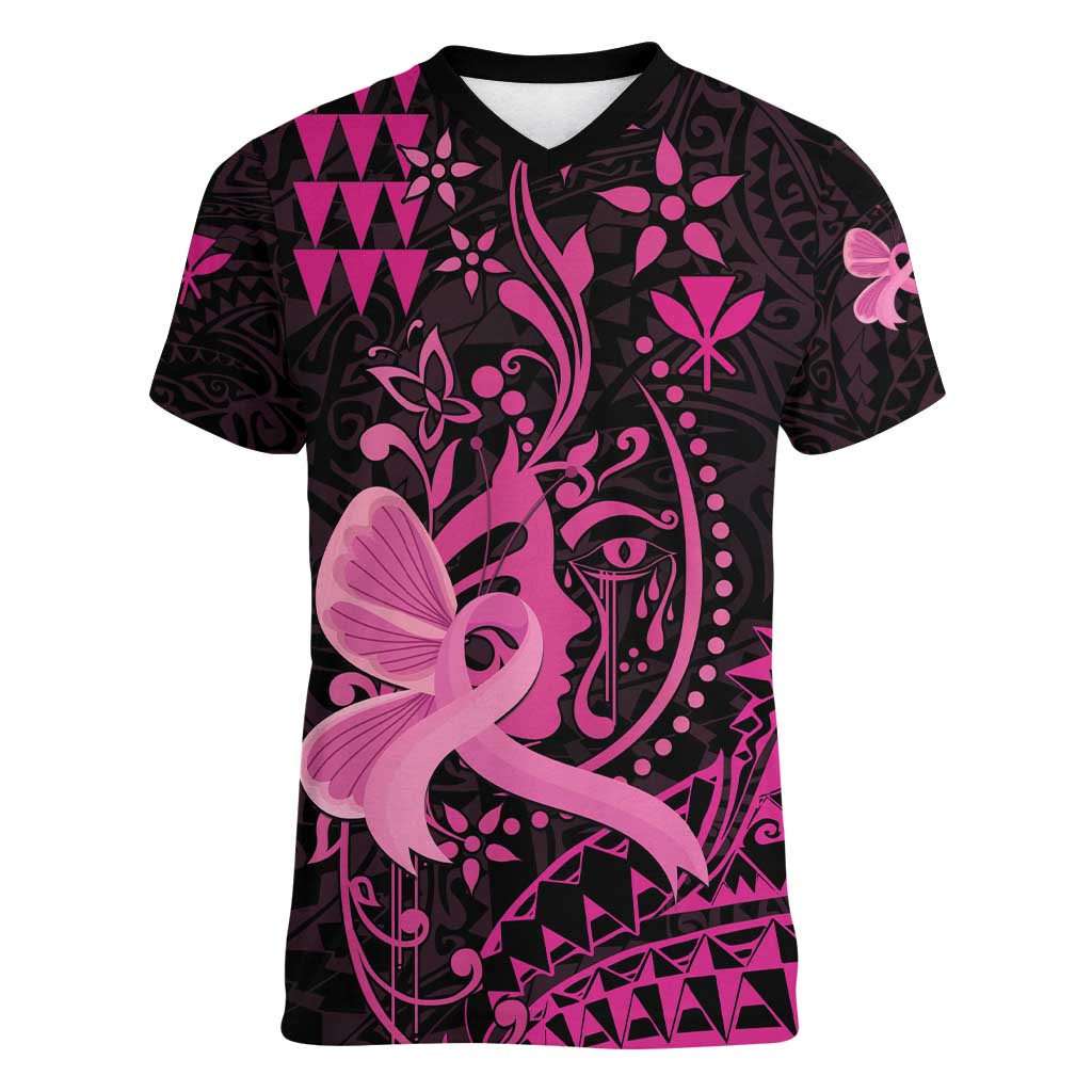 Hawaii Breast Cancer Women V-Neck T-Shirt Girl Floral Kakau Pattern