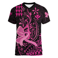 Hawaii Breast Cancer Women V-Neck T-Shirt Girl Floral Kakau Pattern