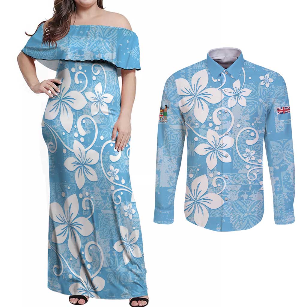 Fiji Tapa Pattern Couples Matching Off Shoulder Maxi Dress and Long Sleeve Button Shirt Plumeria Floral