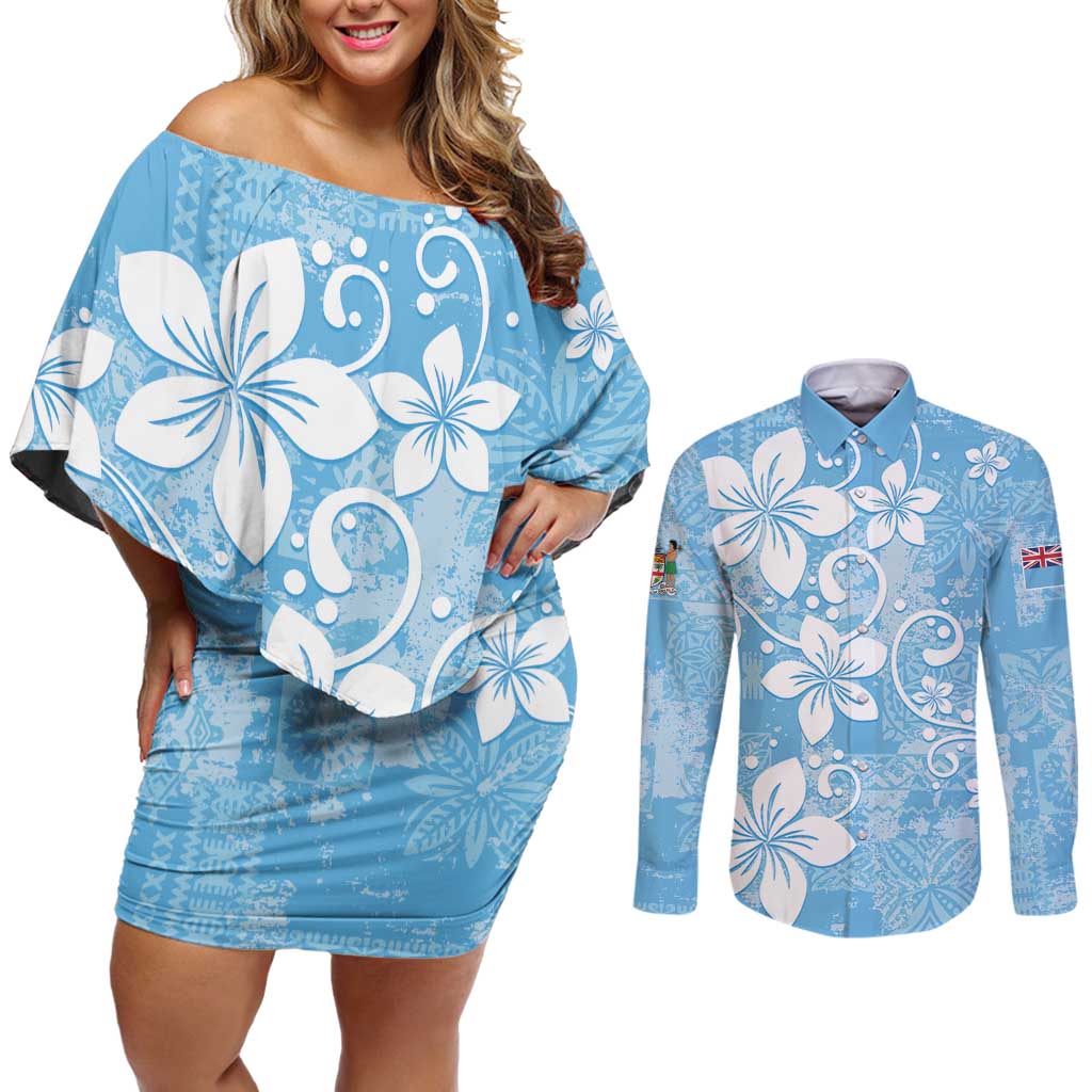 Fiji Tapa Pattern Couples Matching Off Shoulder Short Dress and Long Sleeve Button Shirt Plumeria Floral LT01 Blue - Polynesian Pride