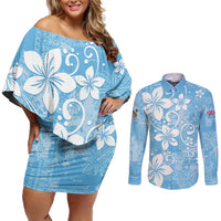 Fiji Tapa Pattern Couples Matching Off Shoulder Short Dress and Long Sleeve Button Shirt Plumeria Floral LT01 Blue - Polynesian Pride