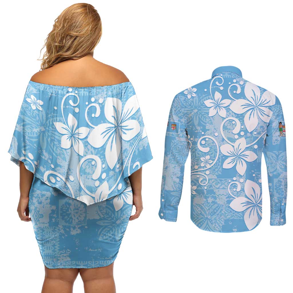 Fiji Tapa Pattern Couples Matching Off Shoulder Short Dress and Long Sleeve Button Shirt Plumeria Floral LT01 - Polynesian Pride