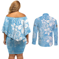 Fiji Tapa Pattern Couples Matching Off Shoulder Short Dress and Long Sleeve Button Shirt Plumeria Floral LT01 - Polynesian Pride