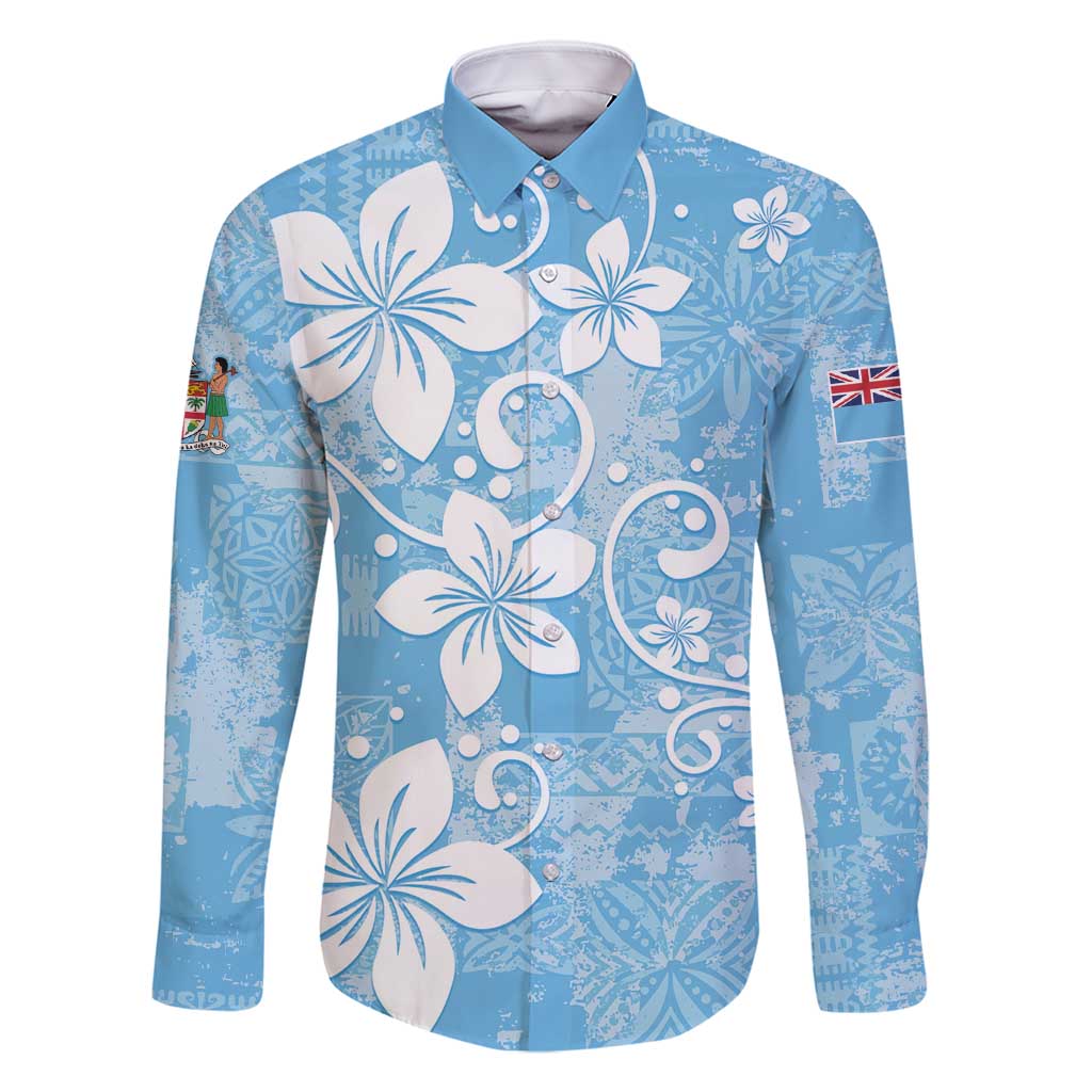 Fiji Tapa Pattern Family Matching Long Sleeve Bodycon Dress and Hawaiian Shirt Plumeria Floral LT01 Dad's Shirt - Long Sleeve Blue - Polynesian Pride