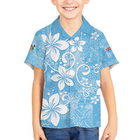 Fiji Tapa Pattern Family Matching Long Sleeve Bodycon Dress and Hawaiian Shirt Plumeria Floral LT01 Son's Shirt Blue - Polynesian Pride