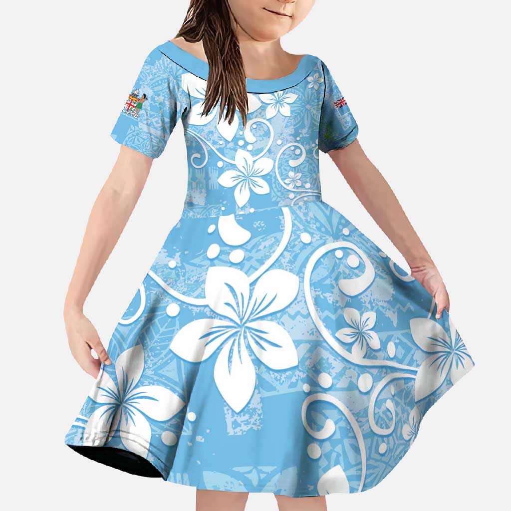 Fiji Tapa Pattern Family Matching Mermaid Dress and Hawaiian Shirt Plumeria Floral LT01 Daughter's Dress Blue - Polynesian Pride