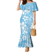 Fiji Tapa Pattern Family Matching Mermaid Dress and Hawaiian Shirt Plumeria Floral LT01 Mom's Dress Blue - Polynesian Pride