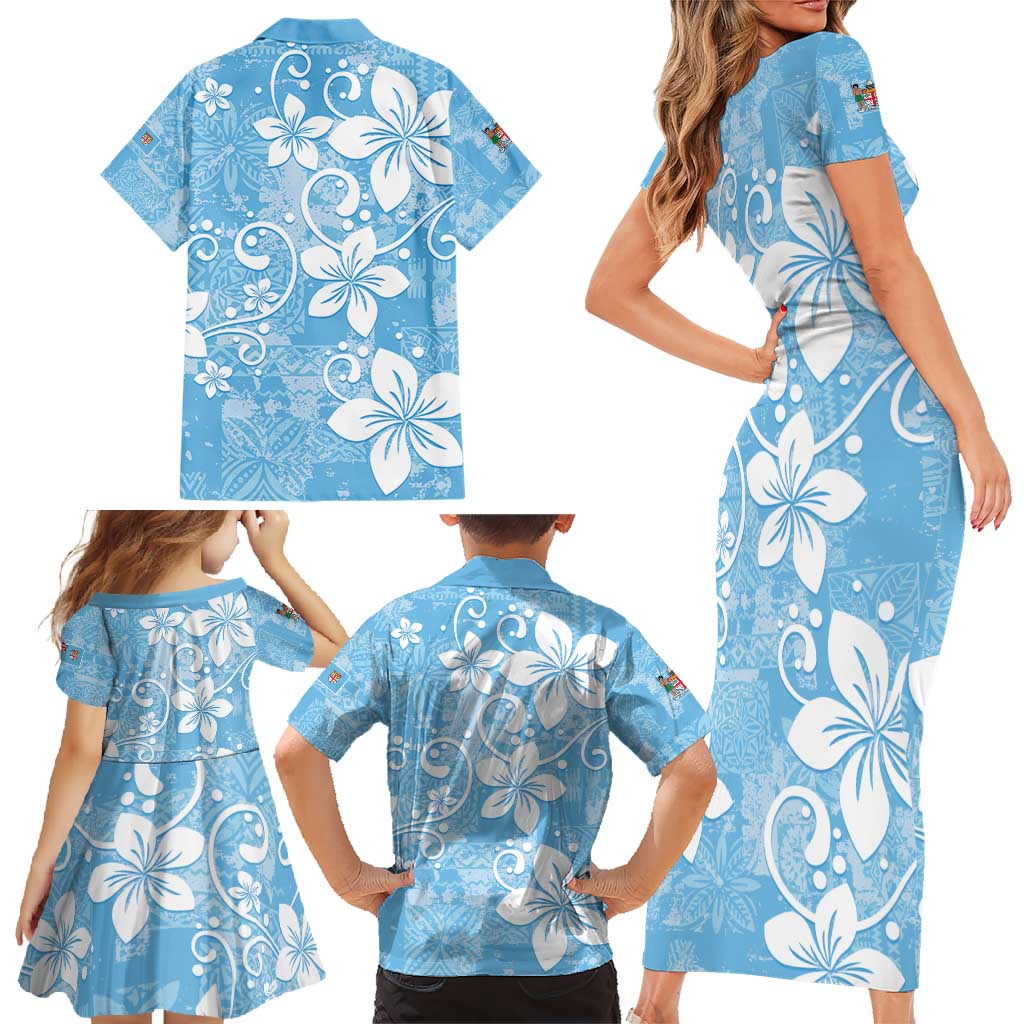 Fiji Tapa Pattern Family Matching Short Sleeve Bodycon Dress and Hawaiian Shirt Plumeria Floral LT01 - Polynesian Pride