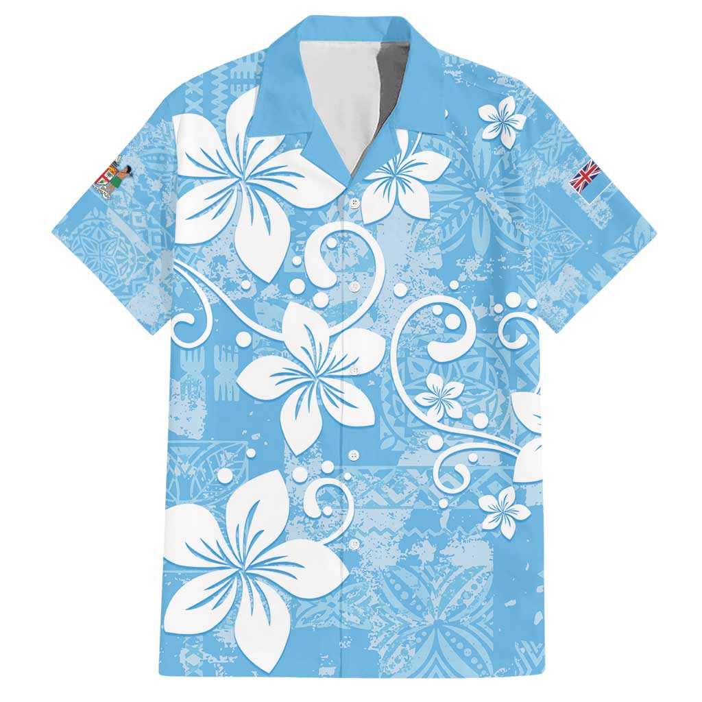 Fiji Tapa Pattern Family Matching Short Sleeve Bodycon Dress and Hawaiian Shirt Plumeria Floral LT01 Dad's Shirt - Short Sleeve Blue - Polynesian Pride