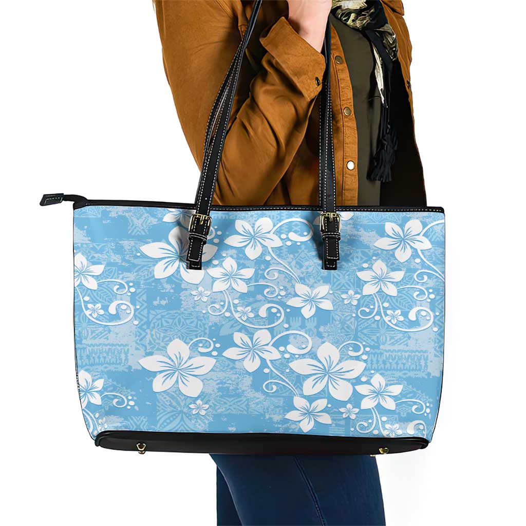 Fiji Tapa Pattern Leather Tote Bag Plumeria Floral